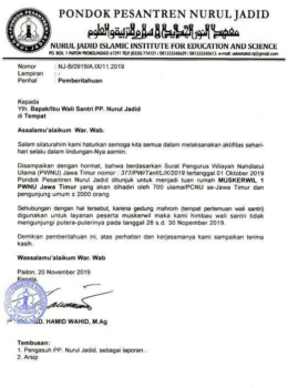 Surat edaran resmi dari Pondok Pesantren Nurul Jadid untuk Wali Santri